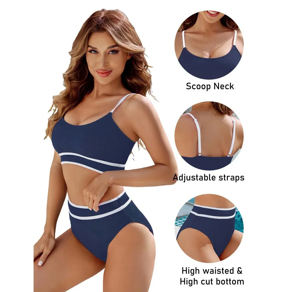 BMJL Women's Navy Blue High Waisted Bikini Ribbed Two Piece Swimsuit Cut Color M